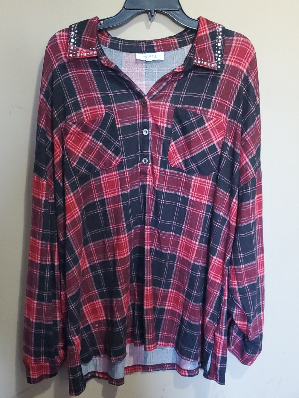 My Style Red & Black Plaid Long-Sleeve Shirt Size 2x